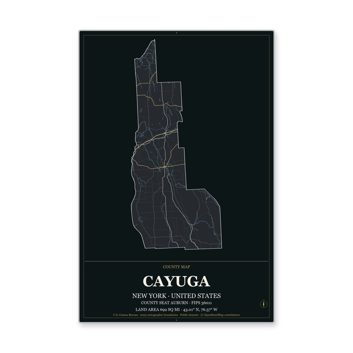 Cayuga County, New York Map Aluminum Sign in Metropolitan Noir style