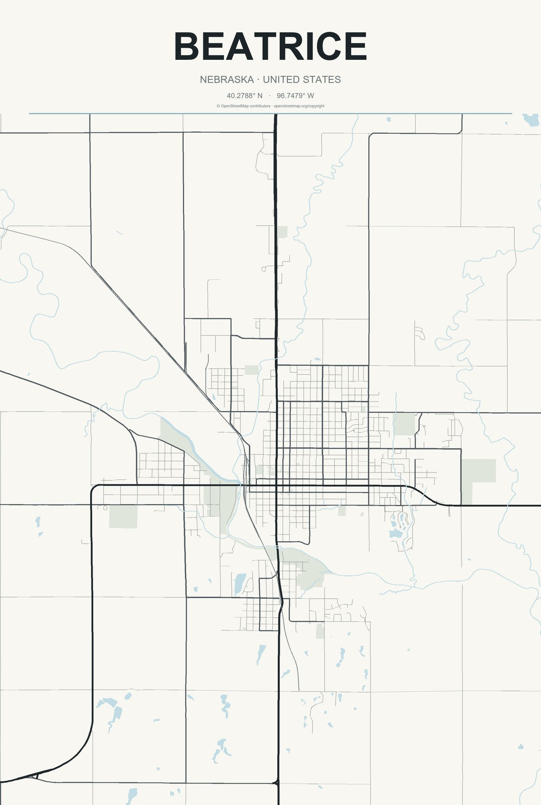 Beatrice, Nebraska City Map Aluminum Sign in Headline Atlas style