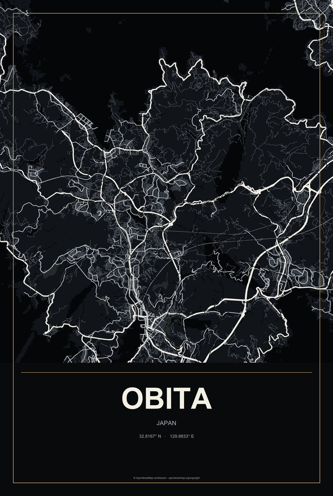 Obita, Japan City Map Aluminum Sign in Metropolitan Noir style