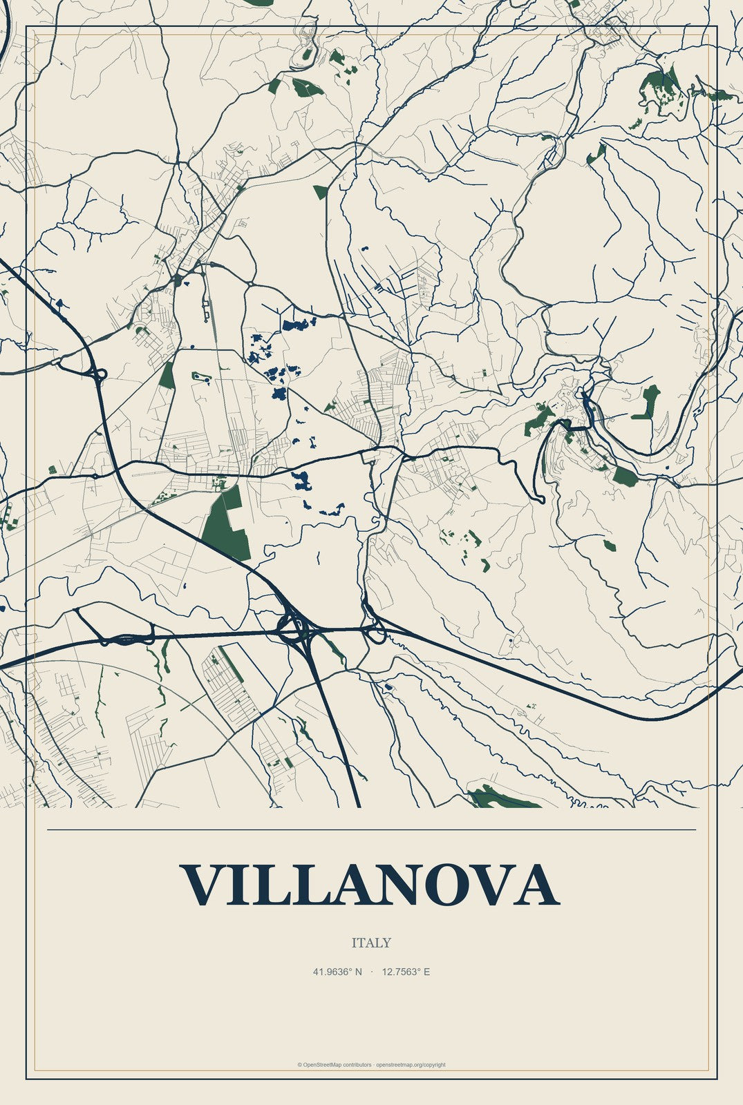 Villanova, Italy City Map Aluminum Sign in Coastal Cutout style
