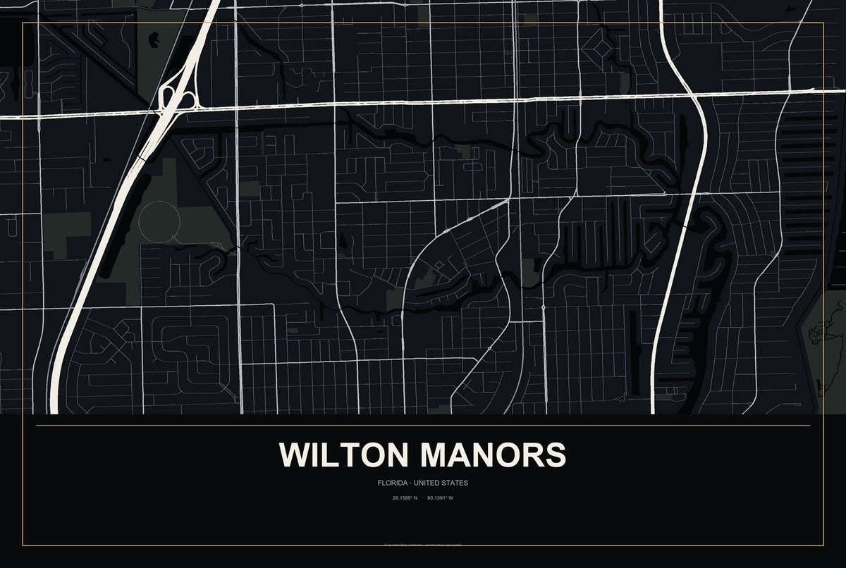 Wilton Manors, Florida City Map Aluminum Sign in Metropolitan Noir style