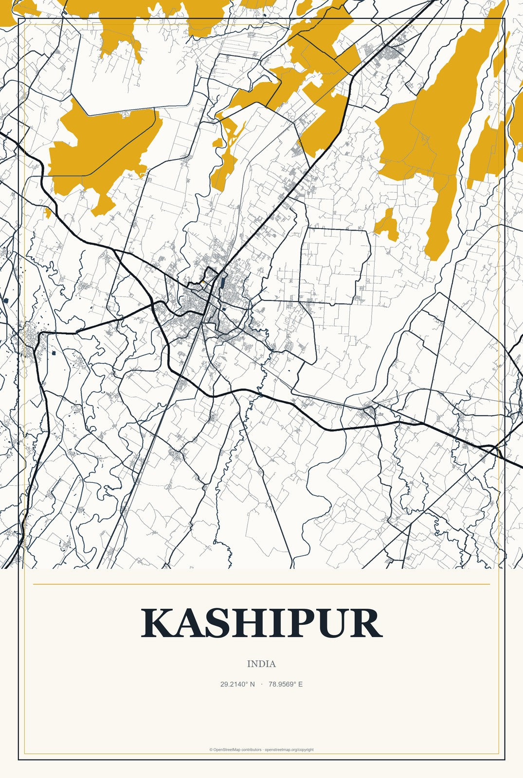 Kashipur, India City Map Aluminum Sign in Citrine Modern style