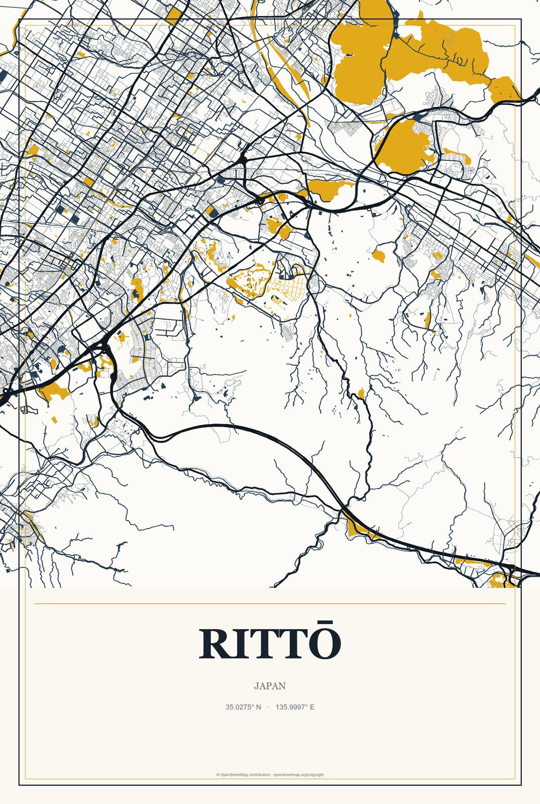 Rittō, Japan City Map Aluminum Sign in Citrine Modern style