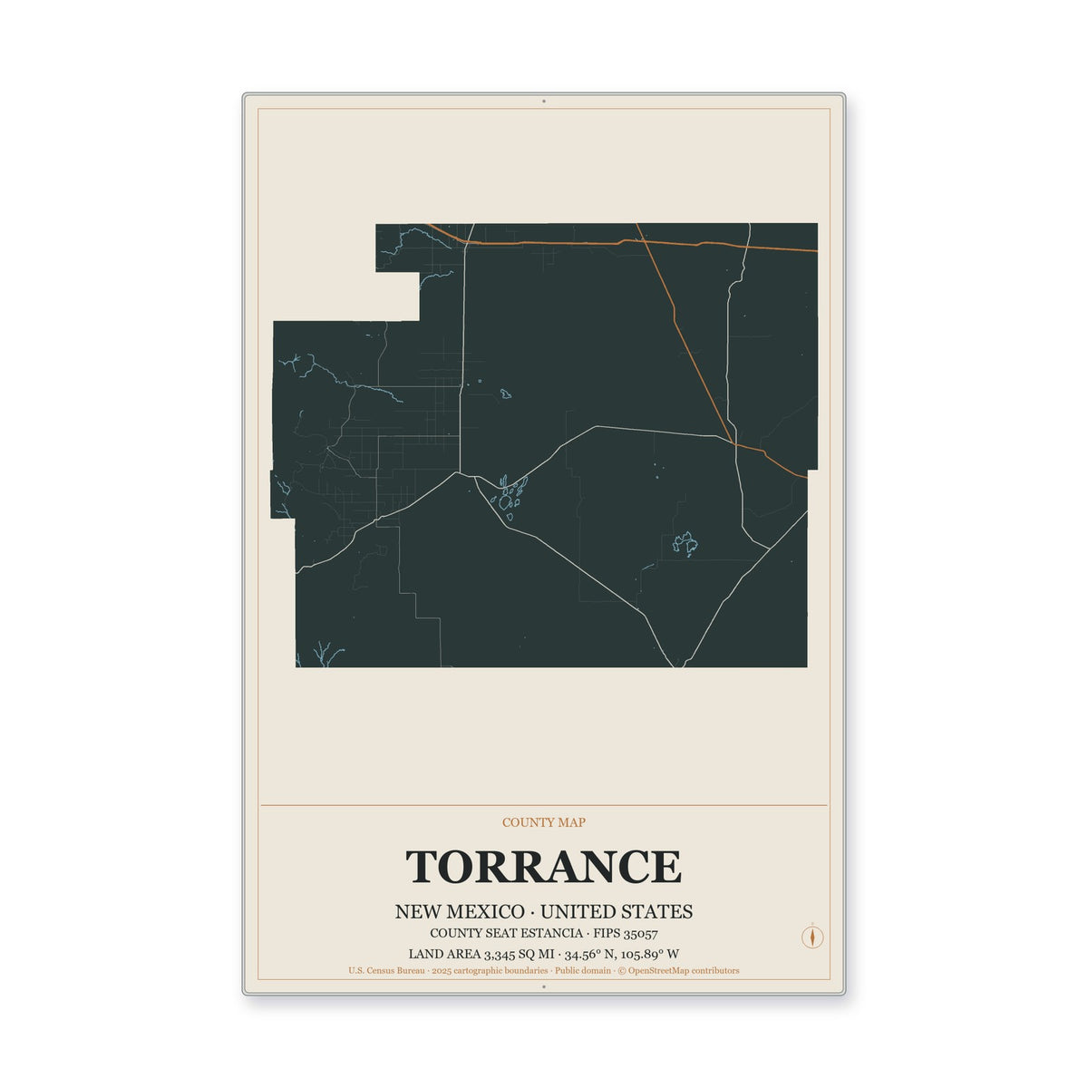 Torrance County, New Mexico Map Aluminum Sign in Headline Atlas style