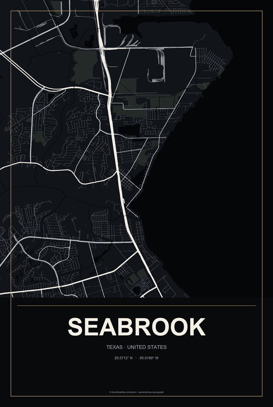 Seabrook, Texas City Map Aluminum Sign in Metropolitan Noir style