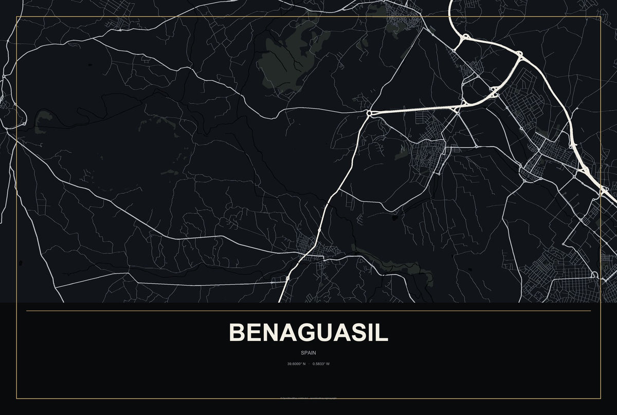 Benaguasil, Spain City Map Aluminum Sign in Metropolitan Noir style