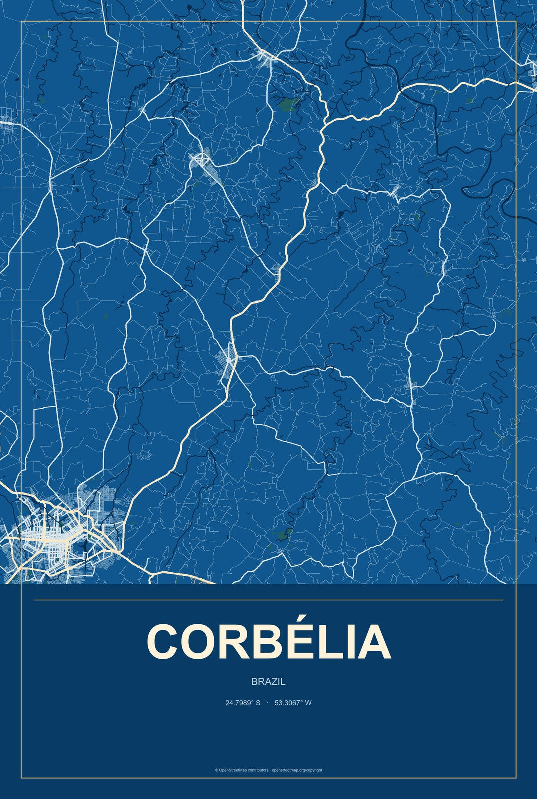 Corbélia, Brazil City Map Aluminum Sign in Harbor Cobalt style