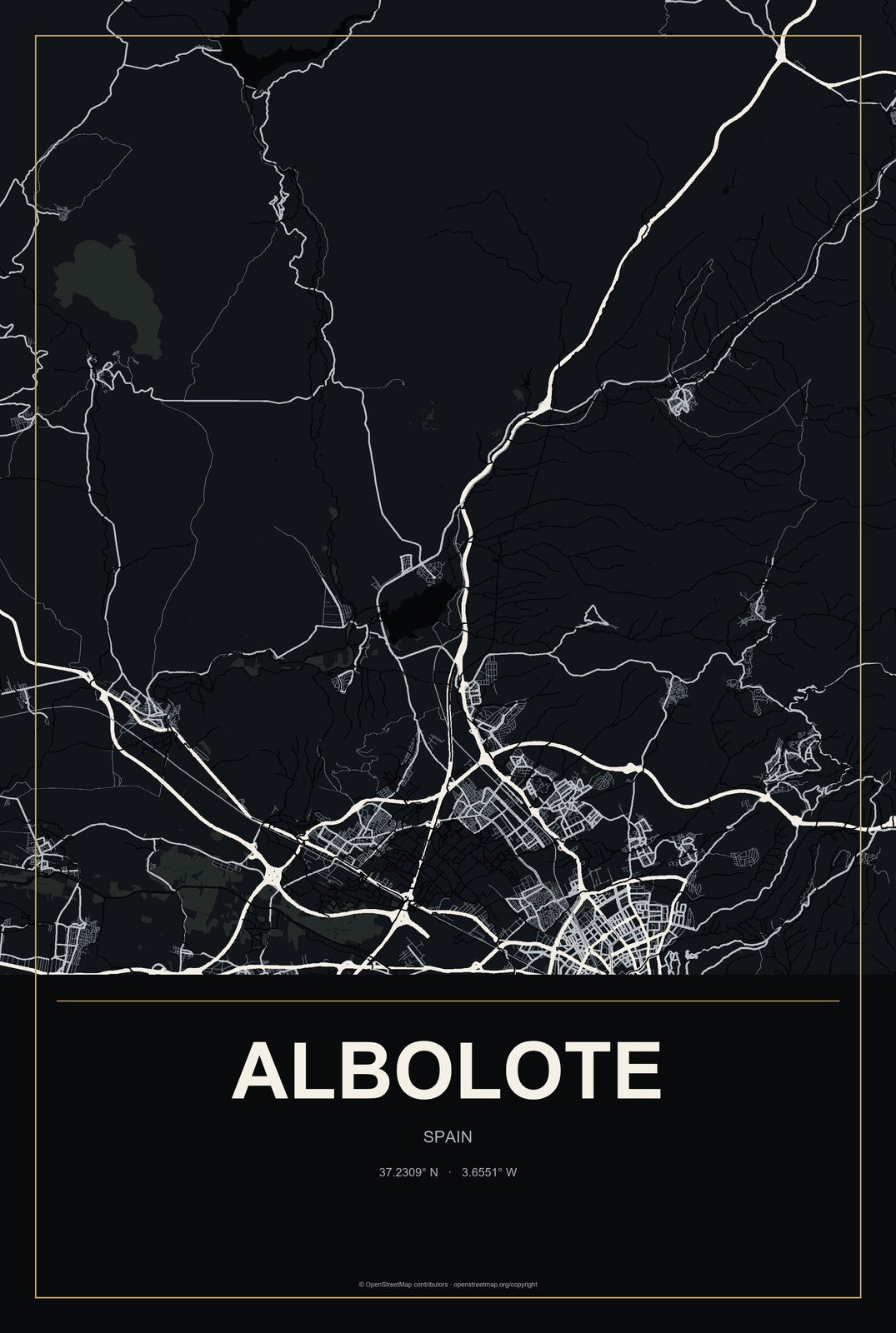 Albolote, Spain City Map Aluminum Sign in Metropolitan Noir style
