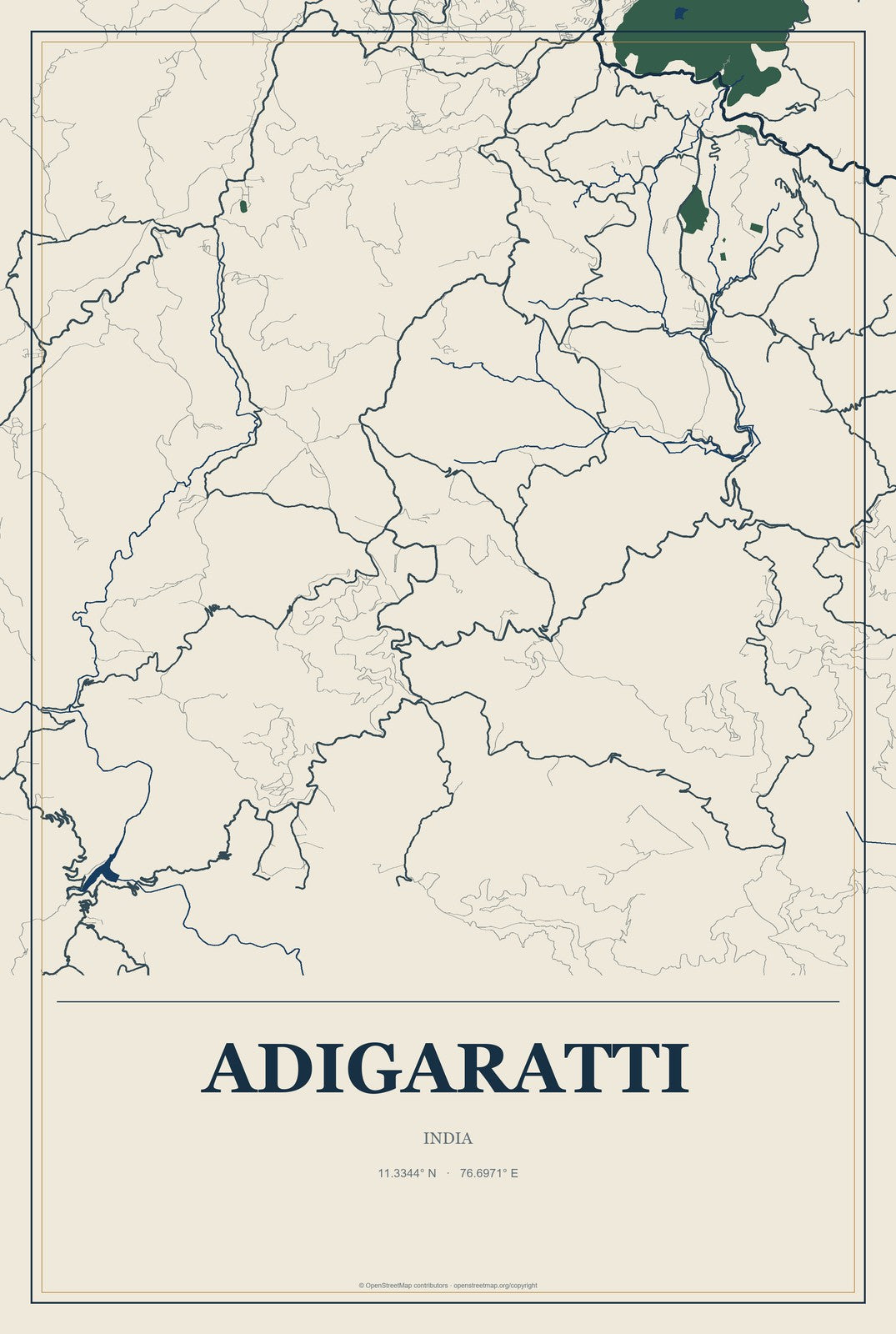 Adigaratti, India City Map Aluminum Sign in Coastal Cutout style