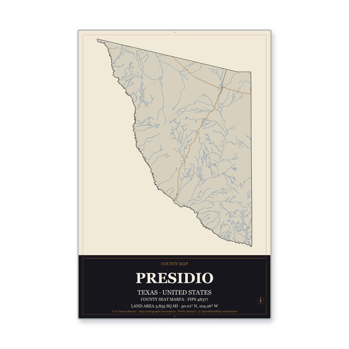 Presidio County, Texas Map Aluminum Sign in Museum Plaque style