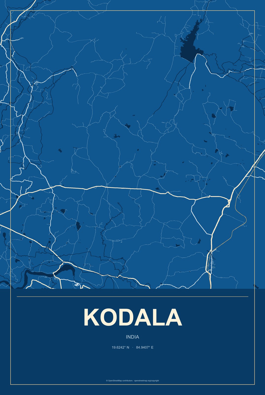 Kodala, India City Map Aluminum Sign in Harbor Cobalt style