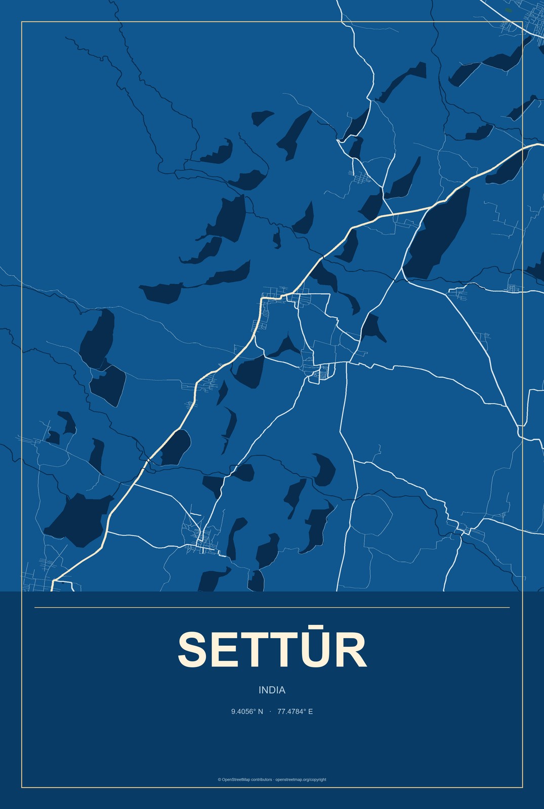 Settūr, India City Map Aluminum Sign in Harbor Cobalt style
