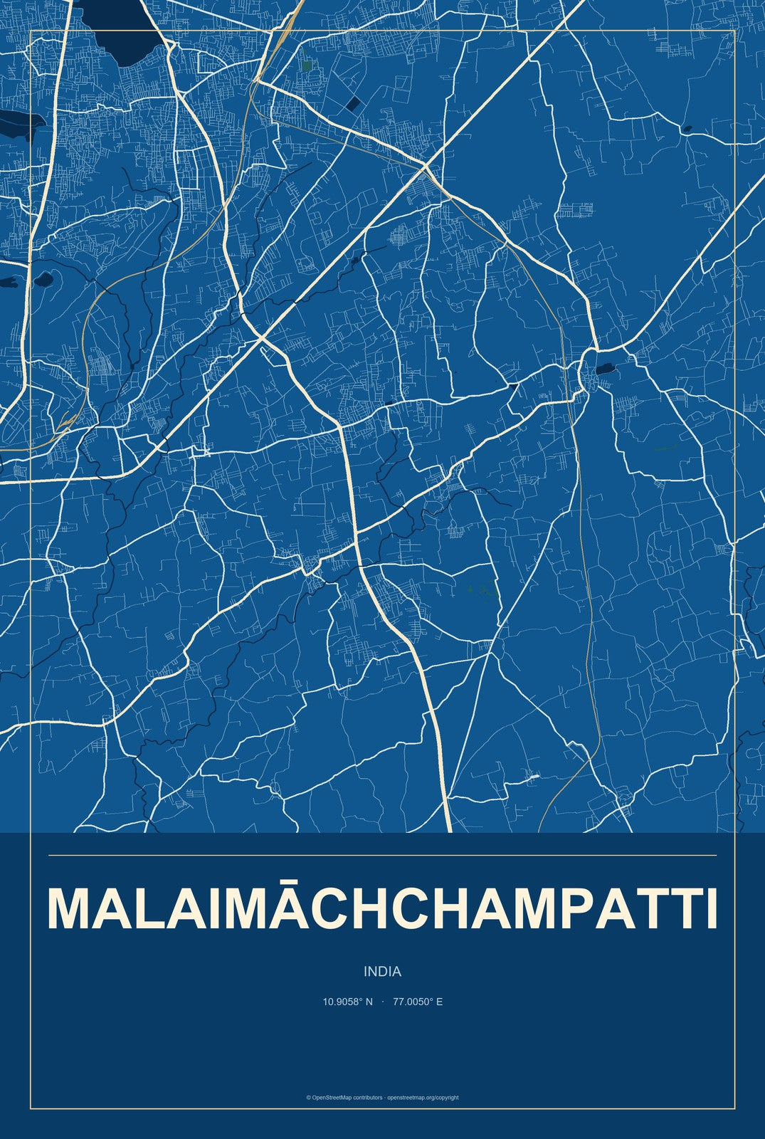 Malaimāchchampatti, India City Map Aluminum Sign in Harbor Cobalt style