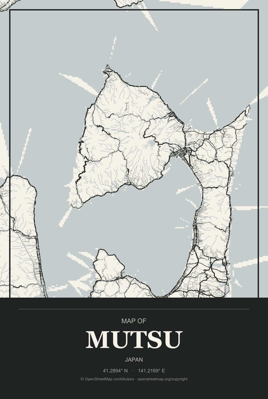 Mutsu, Japan City Map Aluminum Sign in Museum Plaque style