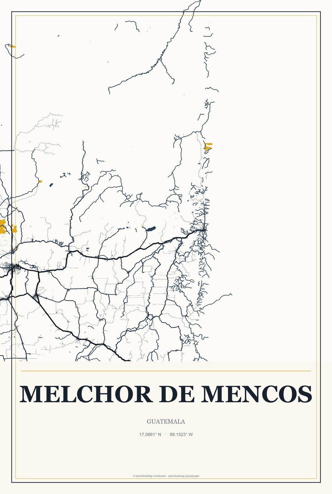 Melchor de Mencos, Guatemala City Map Aluminum Sign in Citrine Modern style