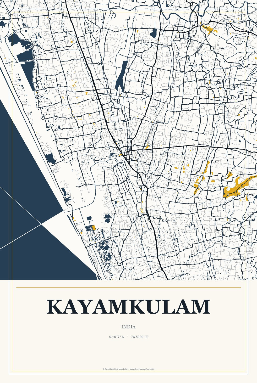 Kayamkulam, India City Map Aluminum Sign in Citrine Modern style