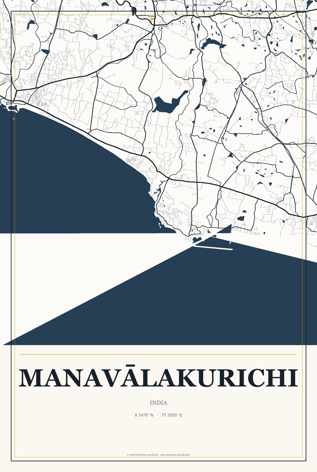 Manavālakurichi, India City Map Aluminum Sign in Citrine Modern style
