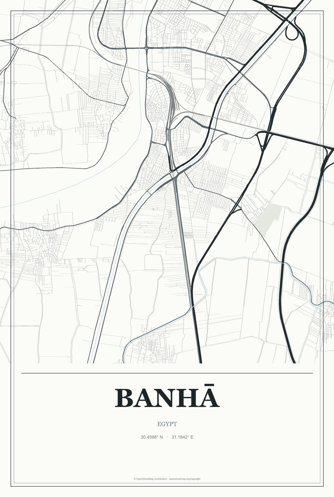 Banhā, Egypt City Map Aluminum Sign in Gallery Air style