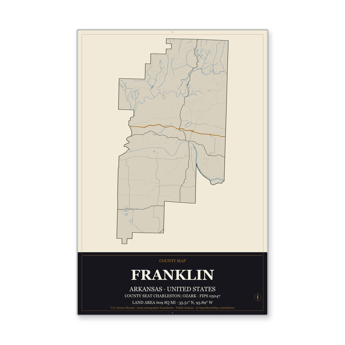 Franklin County, Arkansas Map Aluminum Sign in Museum Plaque style