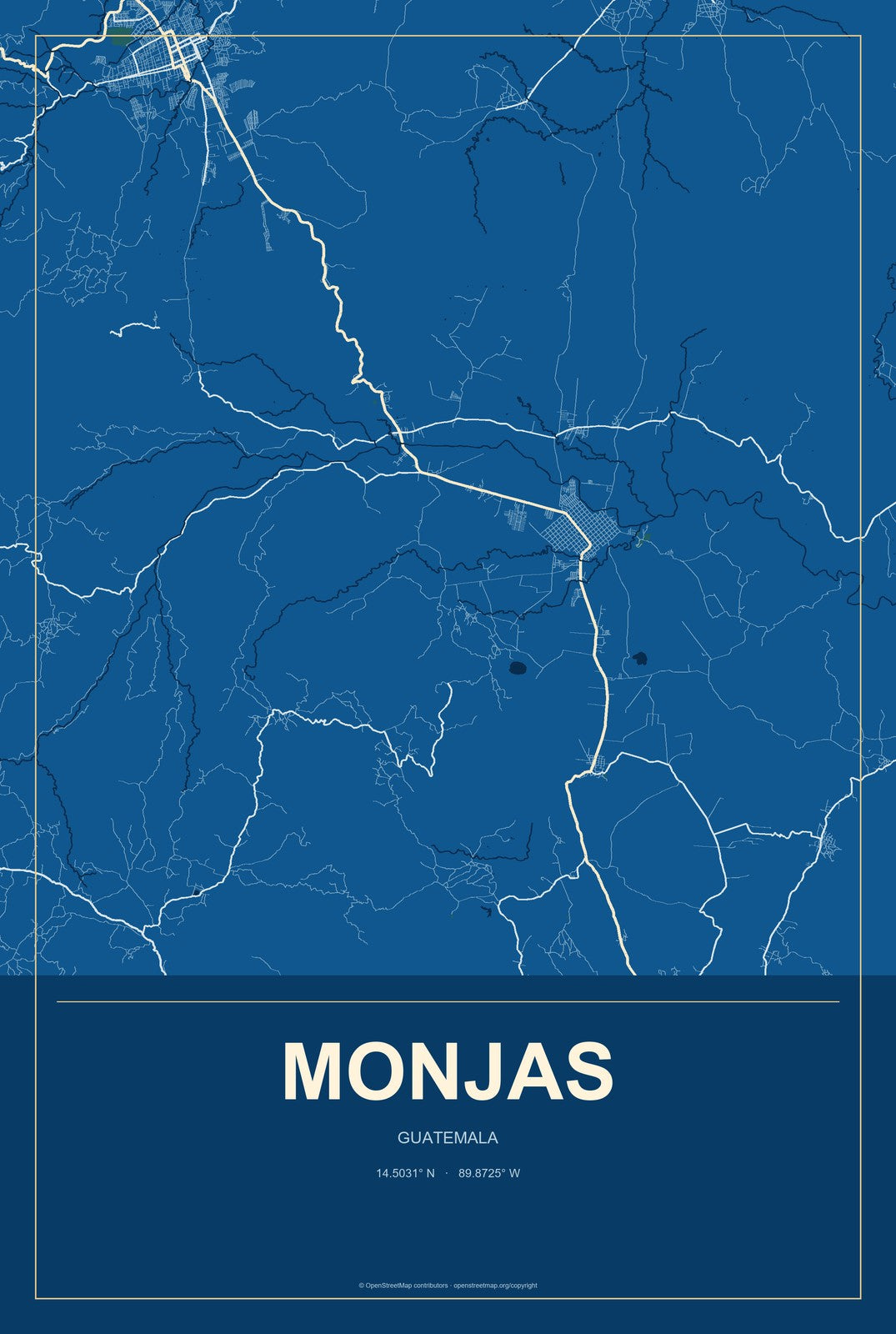 Monjas, Guatemala City Map Aluminum Sign in Harbor Cobalt style
