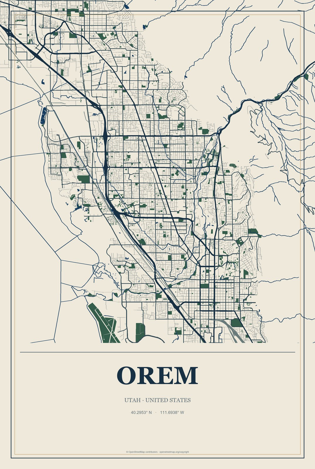 Orem, Utah City Map Aluminum Sign in Coastal Cutout style