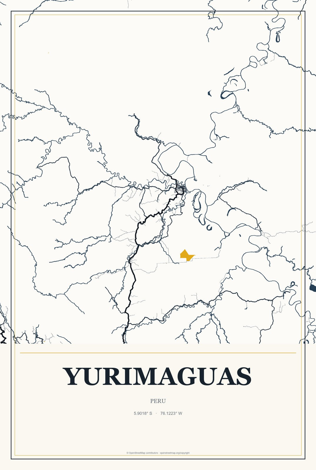 Yurimaguas, Peru City Map Aluminum Sign in Citrine Modern style