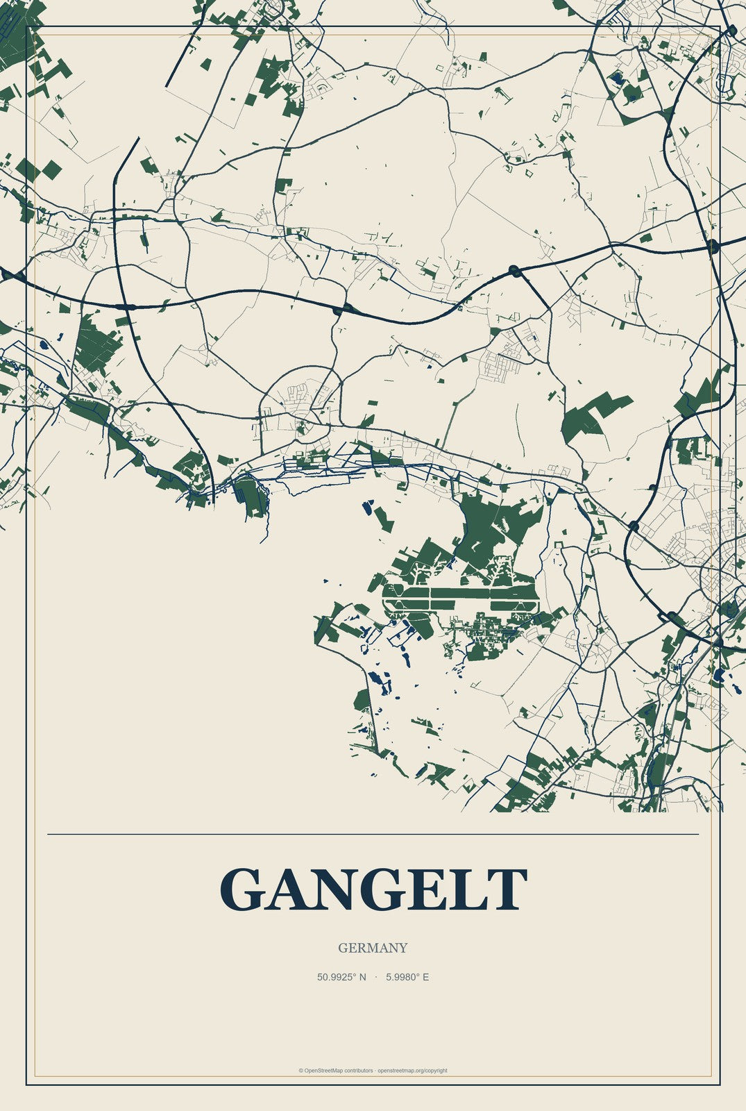 Gangelt, Germany City Map Aluminum Sign in Coastal Cutout style