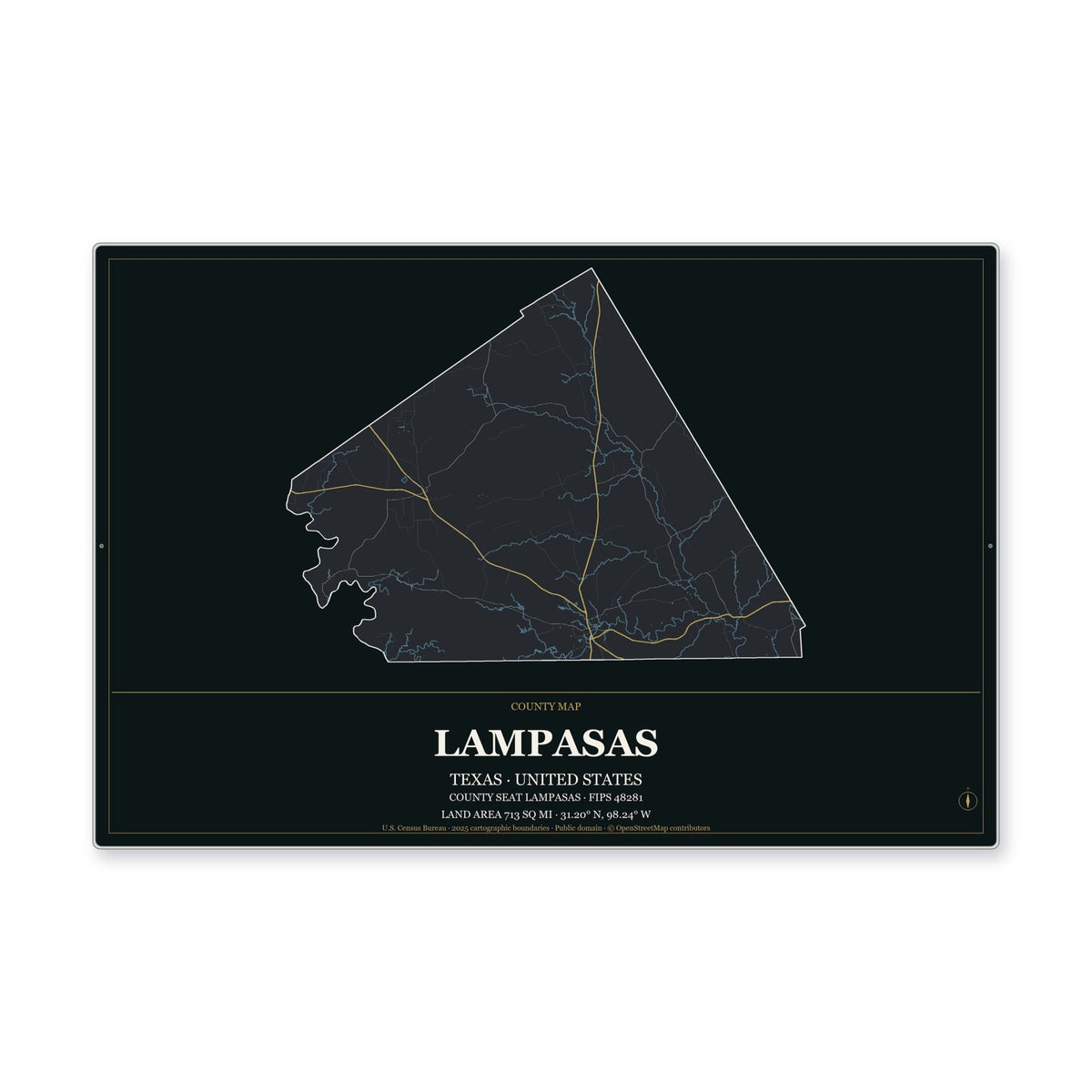 Lampasas County, Texas Map Aluminum Sign in Metropolitan Noir style