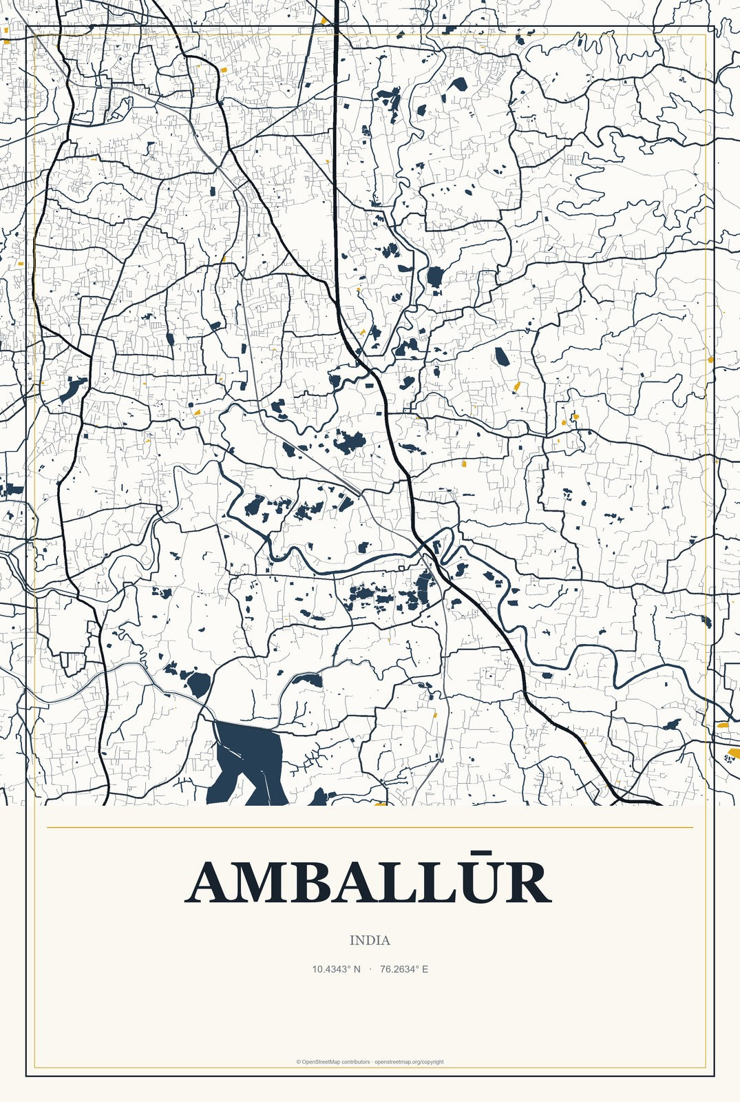 Amballūr, India City Map Aluminum Sign in Citrine Modern style