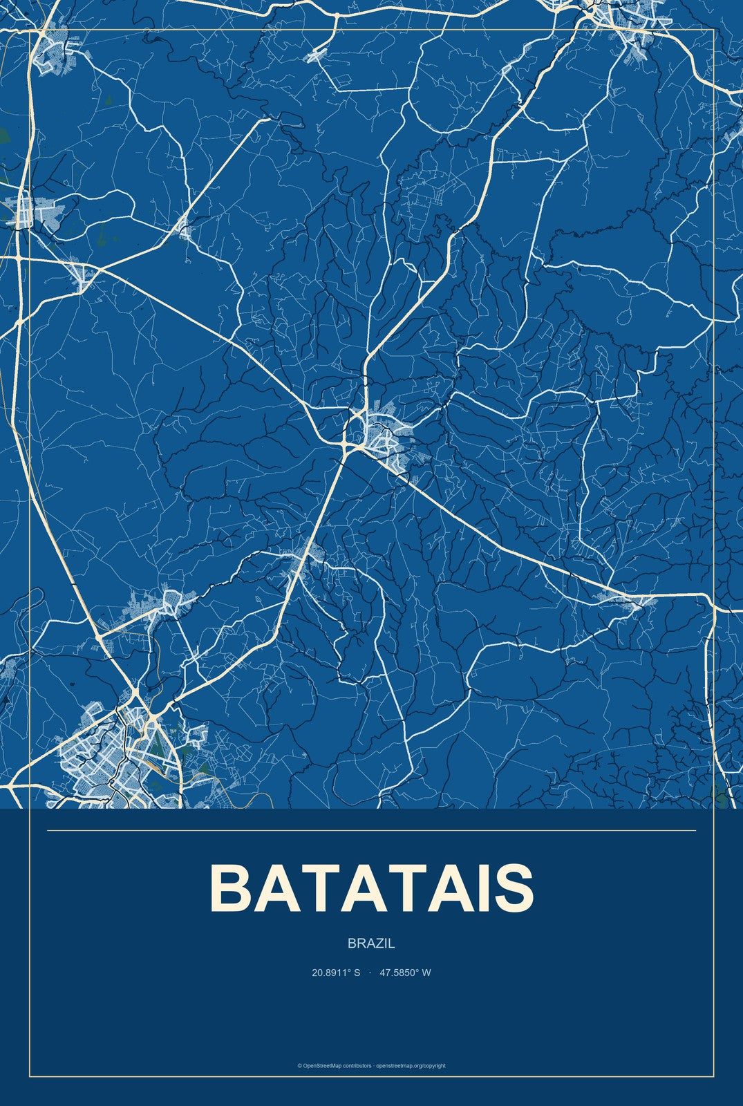 Batatais, Brazil City Map Aluminum Sign in Harbor Cobalt style