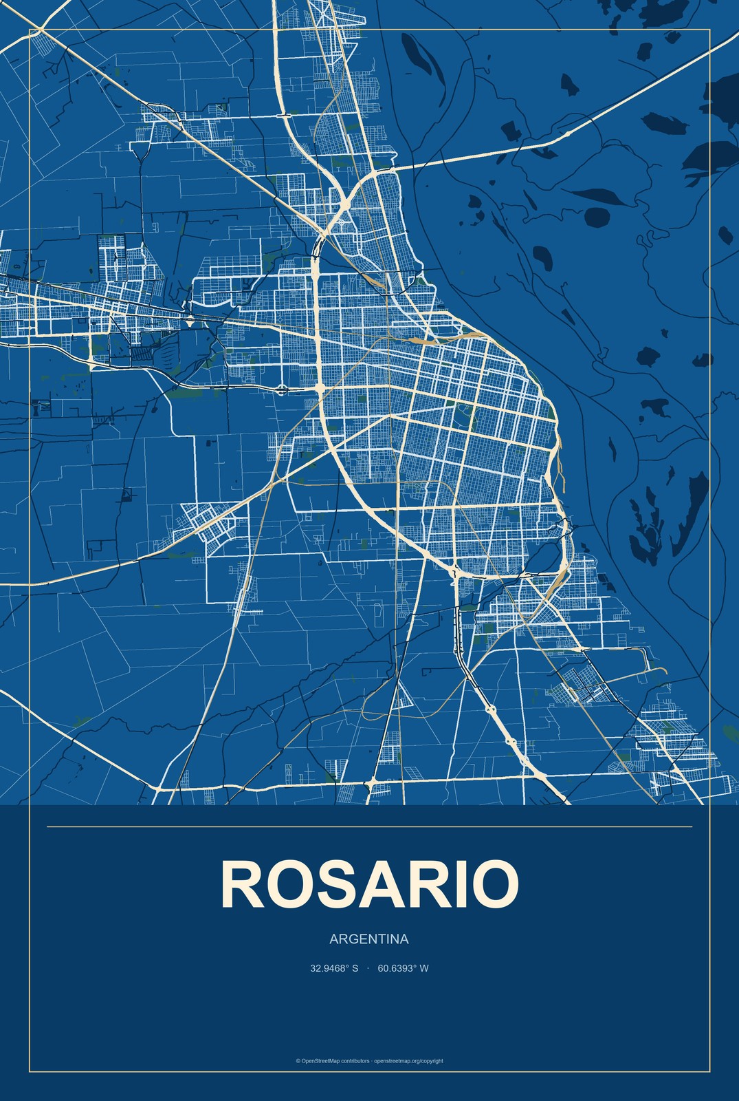 Rosario, Argentina City Map Aluminum Sign in Harbor Cobalt style