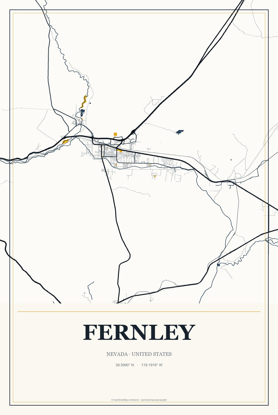 Fernley, Nevada City Map Aluminum Sign in Citrine Modern style