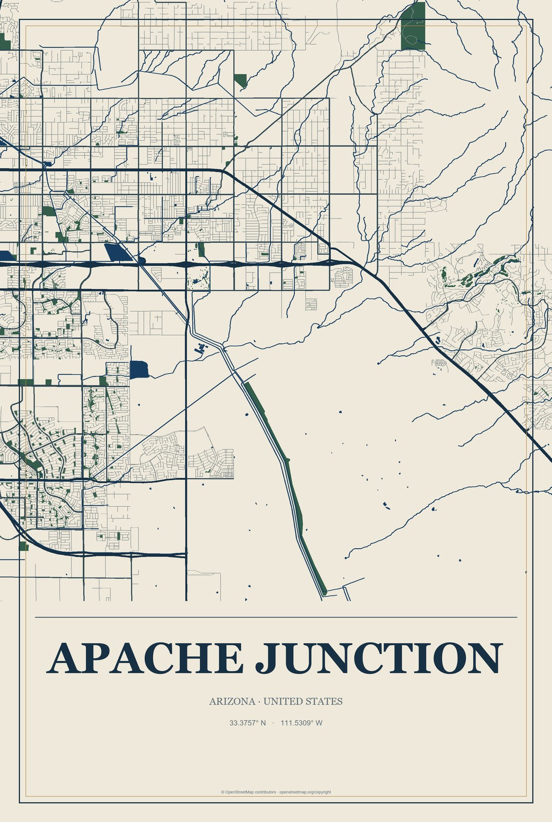 Apache Junction, Arizona City Map Aluminum Sign in Coastal Cutout style