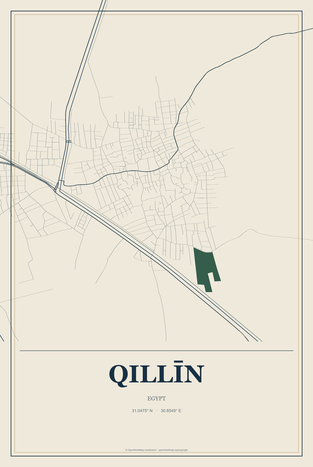 Qillīn, Egypt City Map Aluminum Sign in Coastal Cutout style