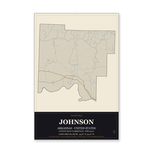 Johnson County, Arkansas Map Aluminum Sign in Museum Plaque style