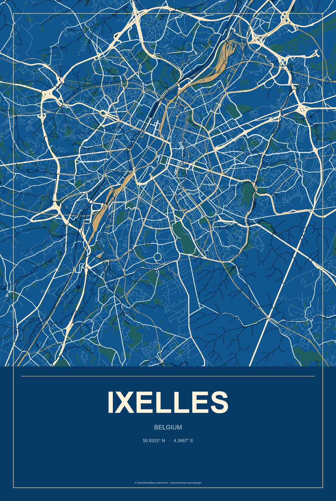 Ixelles, Belgium City Map Aluminum Sign in Harbor Cobalt style