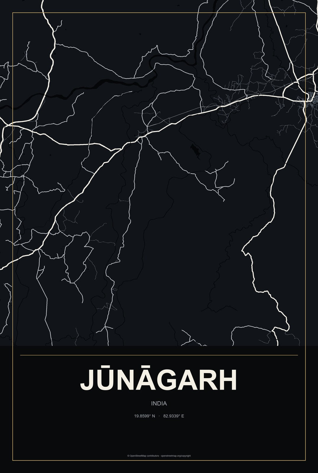 Jūnāgarh, India City Map Aluminum Sign in Metropolitan Noir style
