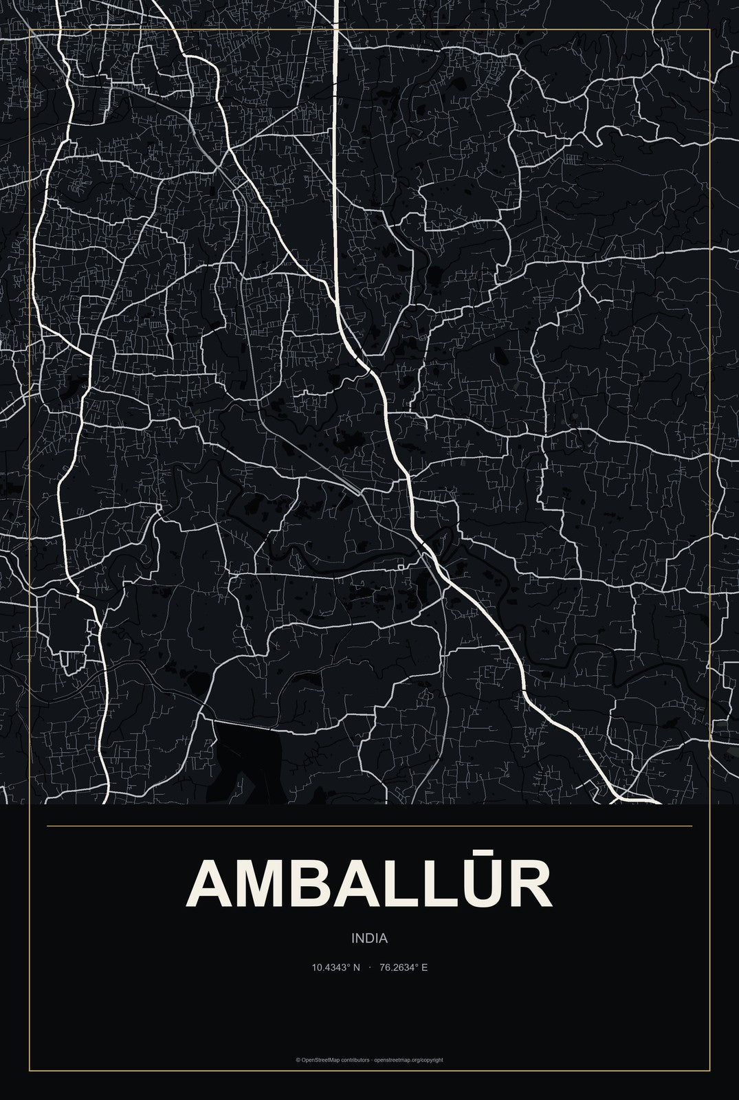 Amballūr, India City Map Aluminum Sign in Metropolitan Noir style