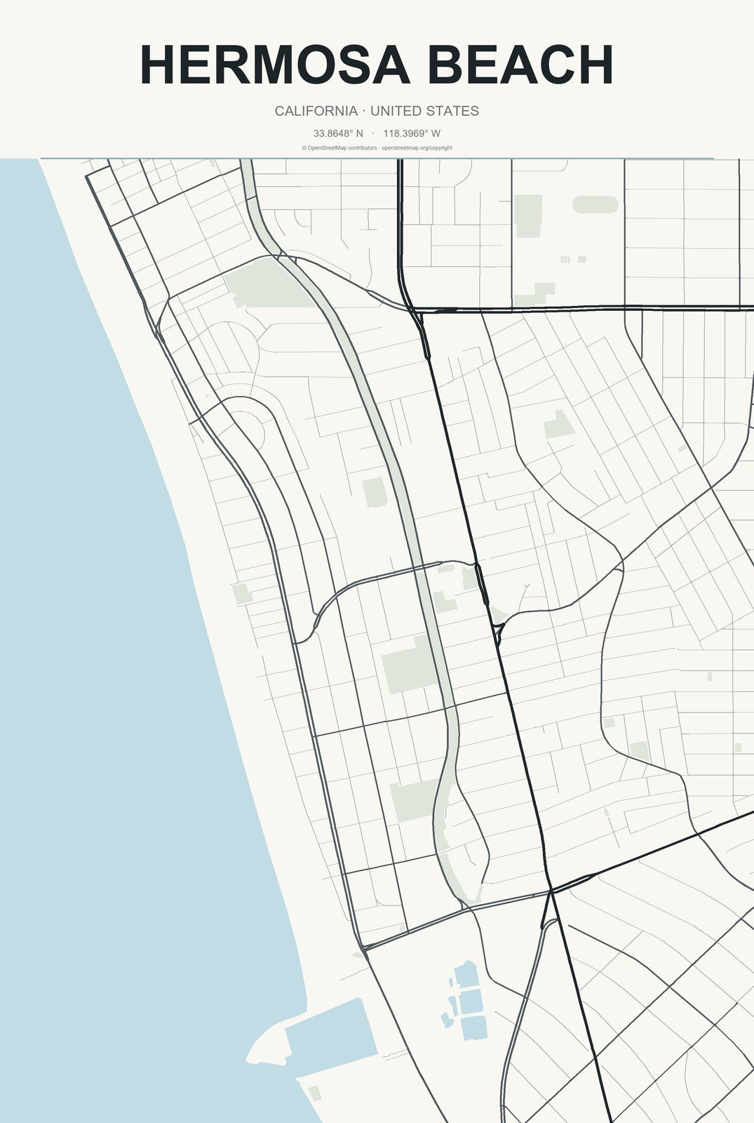 Hermosa Beach, California City Map Aluminum Sign in Headline Atlas style