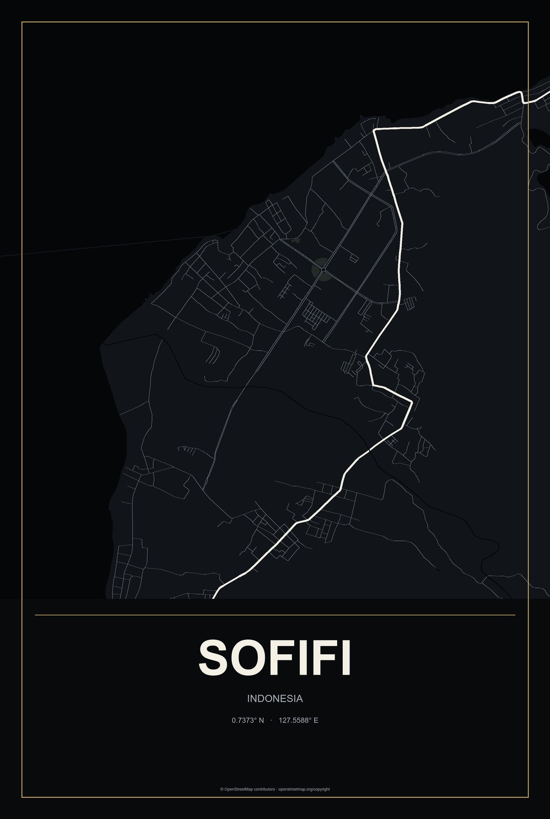 Sofifi, Indonesia City Map Aluminum Sign in Metropolitan Noir style