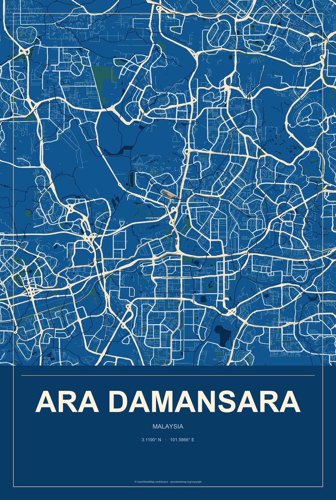 Ara Damansara, Malaysia City Map Aluminum Sign in Harbor Cobalt style