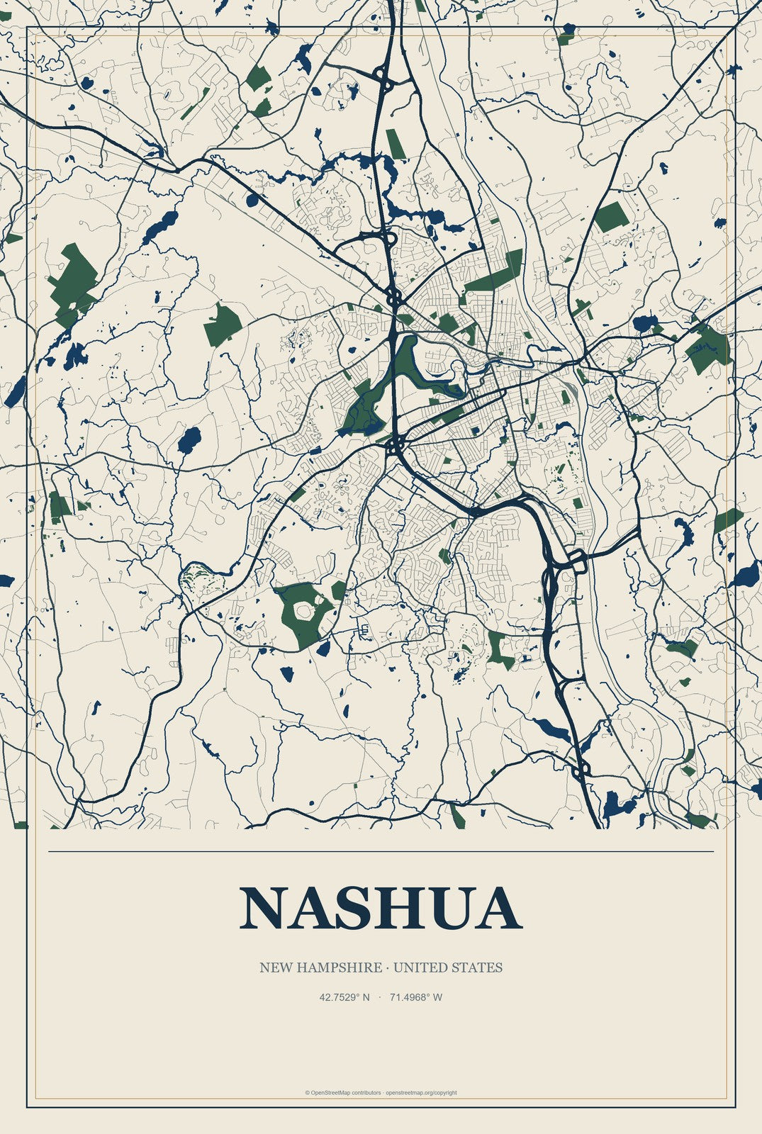 Nashua, New Hampshire City Map Aluminum Sign in Coastal Cutout style