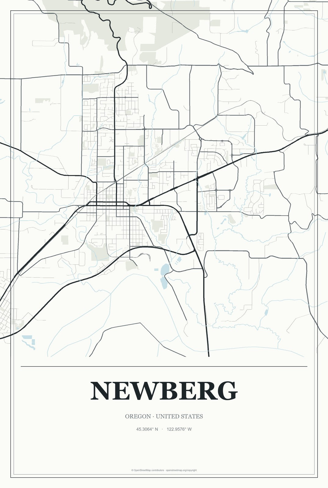 Newberg, Oregon City Map Aluminum Sign in Gallery Air style