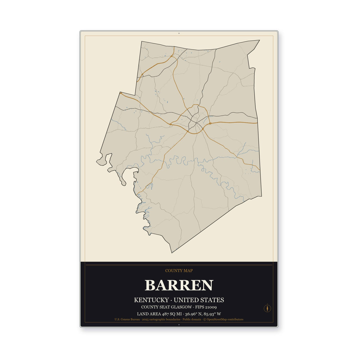 Barren County, Kentucky Map Aluminum Sign in Museum Plaque style