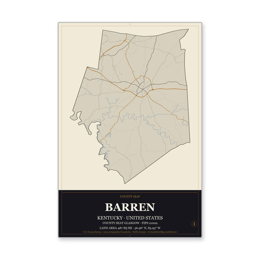 Barren County, Kentucky Map Aluminum Sign in Museum Plaque style