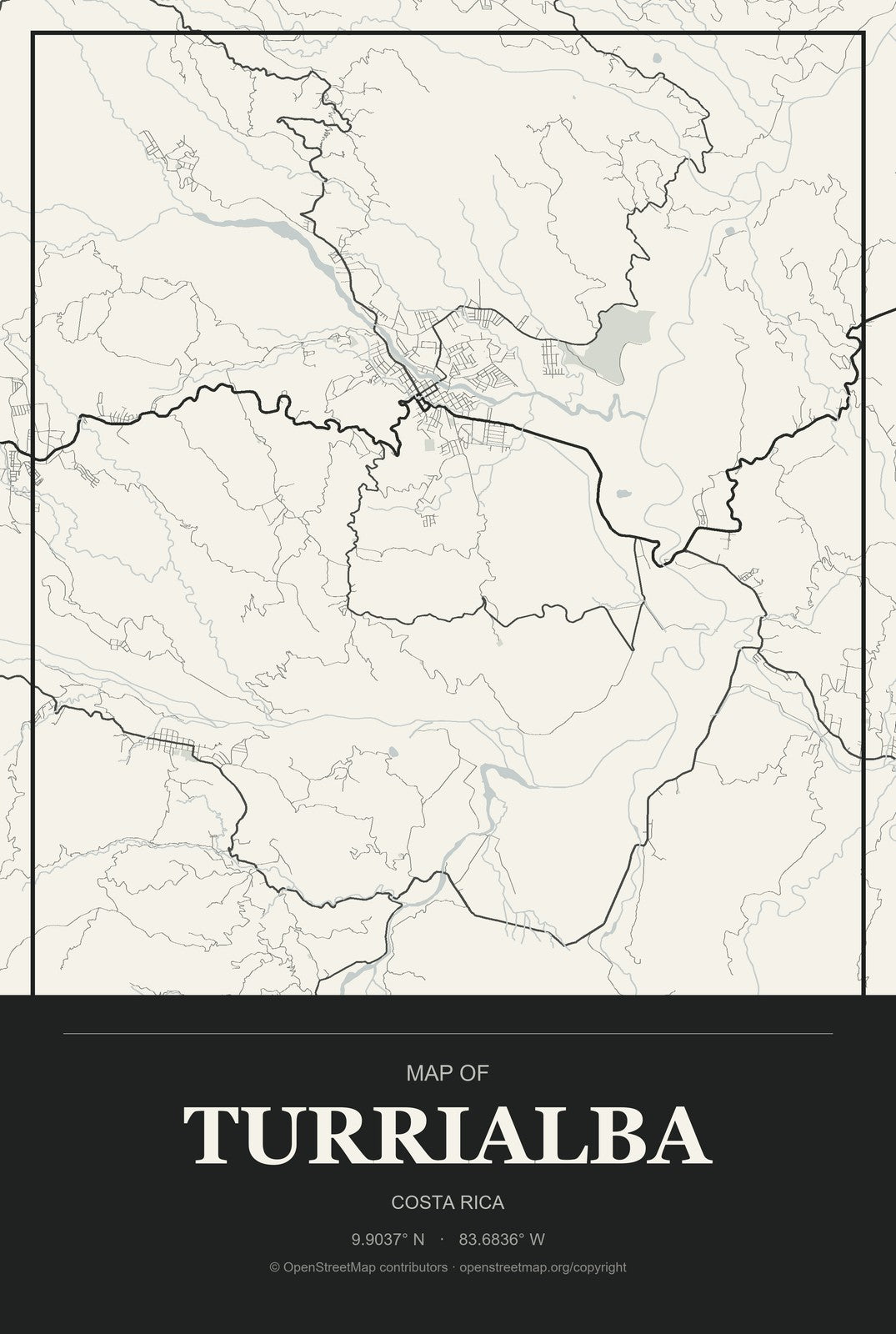 Turrialba, Costa Rica City Map Aluminum Sign in Museum Plaque style