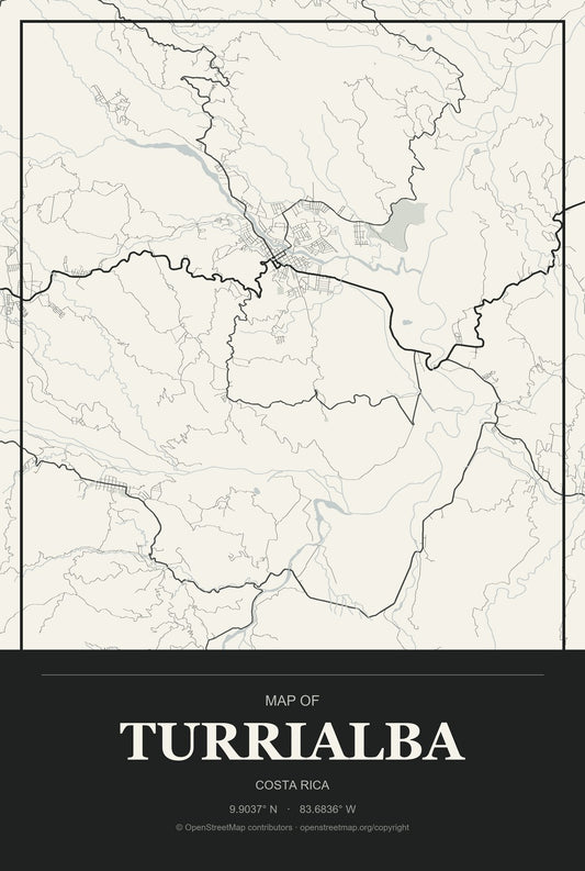 Turrialba, Costa Rica City Map Aluminum Sign in Museum Plaque style