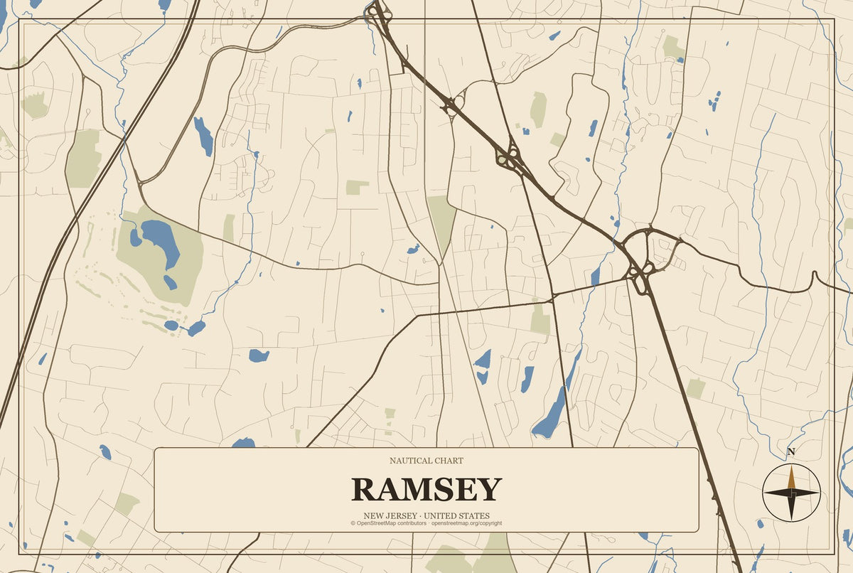 Ramsey, New Jersey City Map Aluminum Sign in Heritage Nautical style