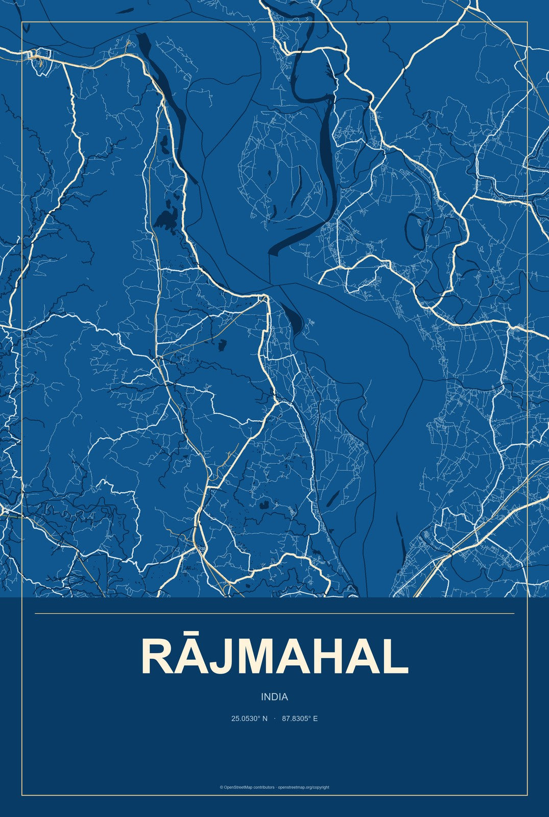 Rājmahal, India City Map Aluminum Sign in Harbor Cobalt style