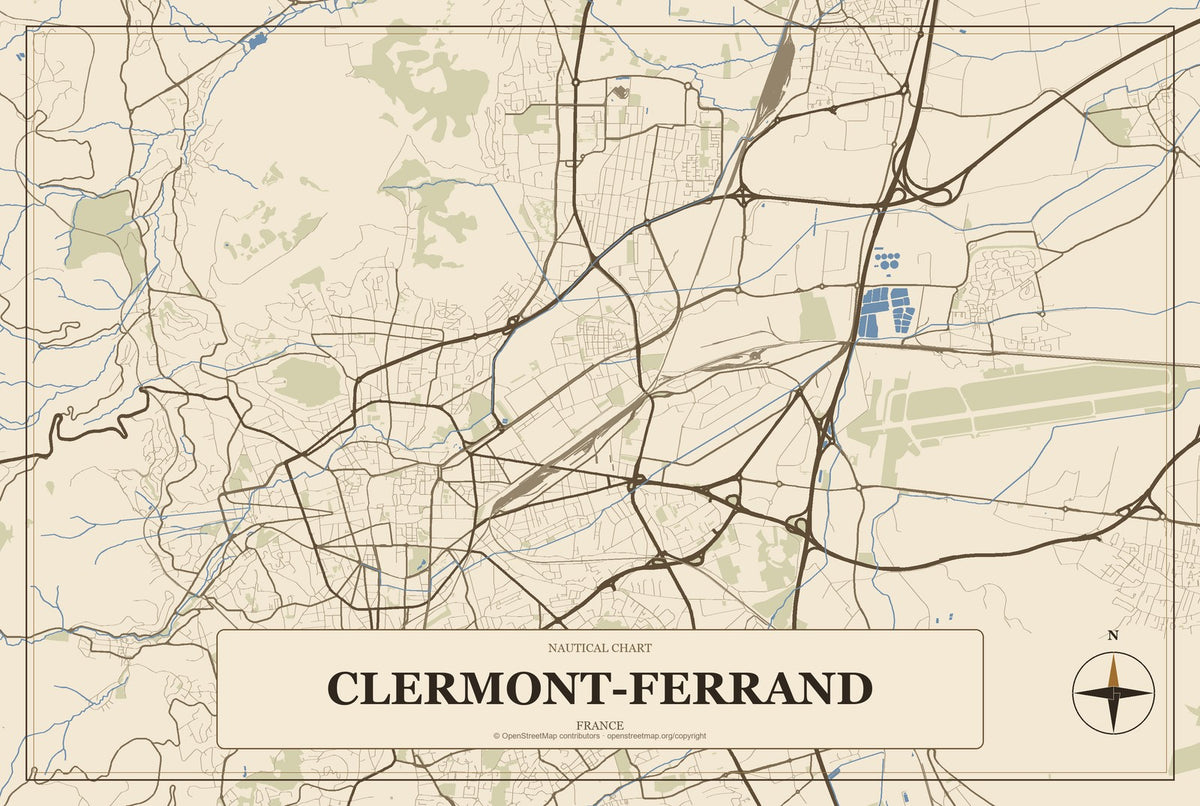 Clermont-Ferrand, France City Map Aluminum Sign in Heritage Nautical style